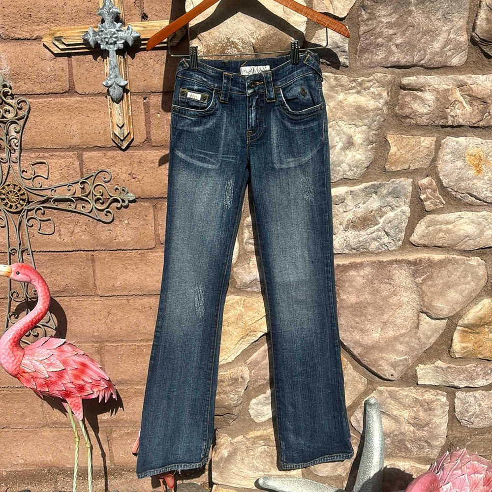 Baby Phat Jeans Flare Boot Cut Y2K Rhinestones Dark Wash Distressed Size 0 - Picture 1 of 15